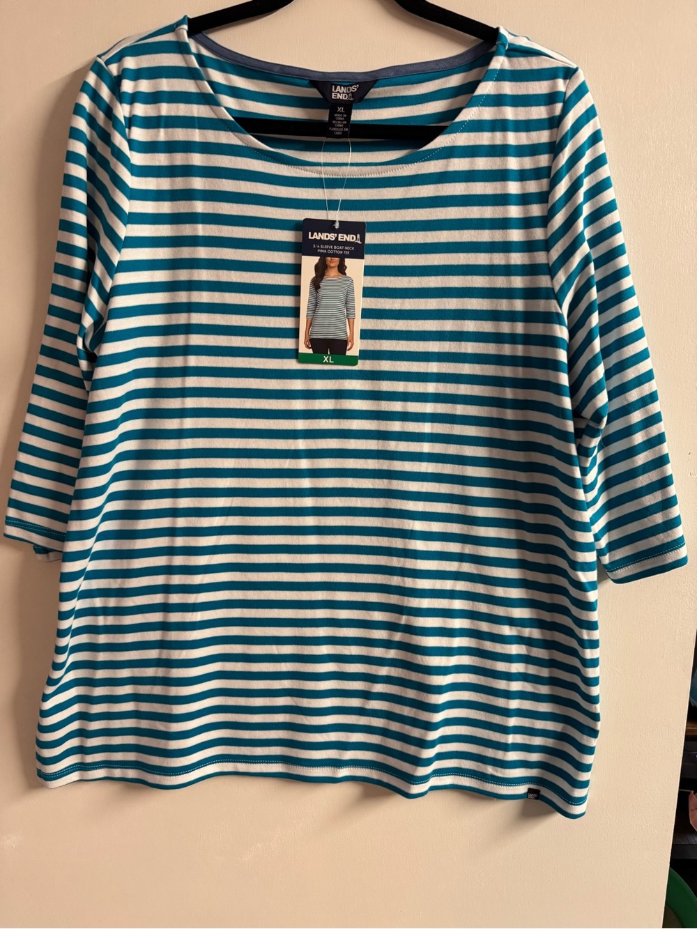 Lands' End Teal and White Striped Long Sleeve Boatneck Top, 3/4 Sleeve